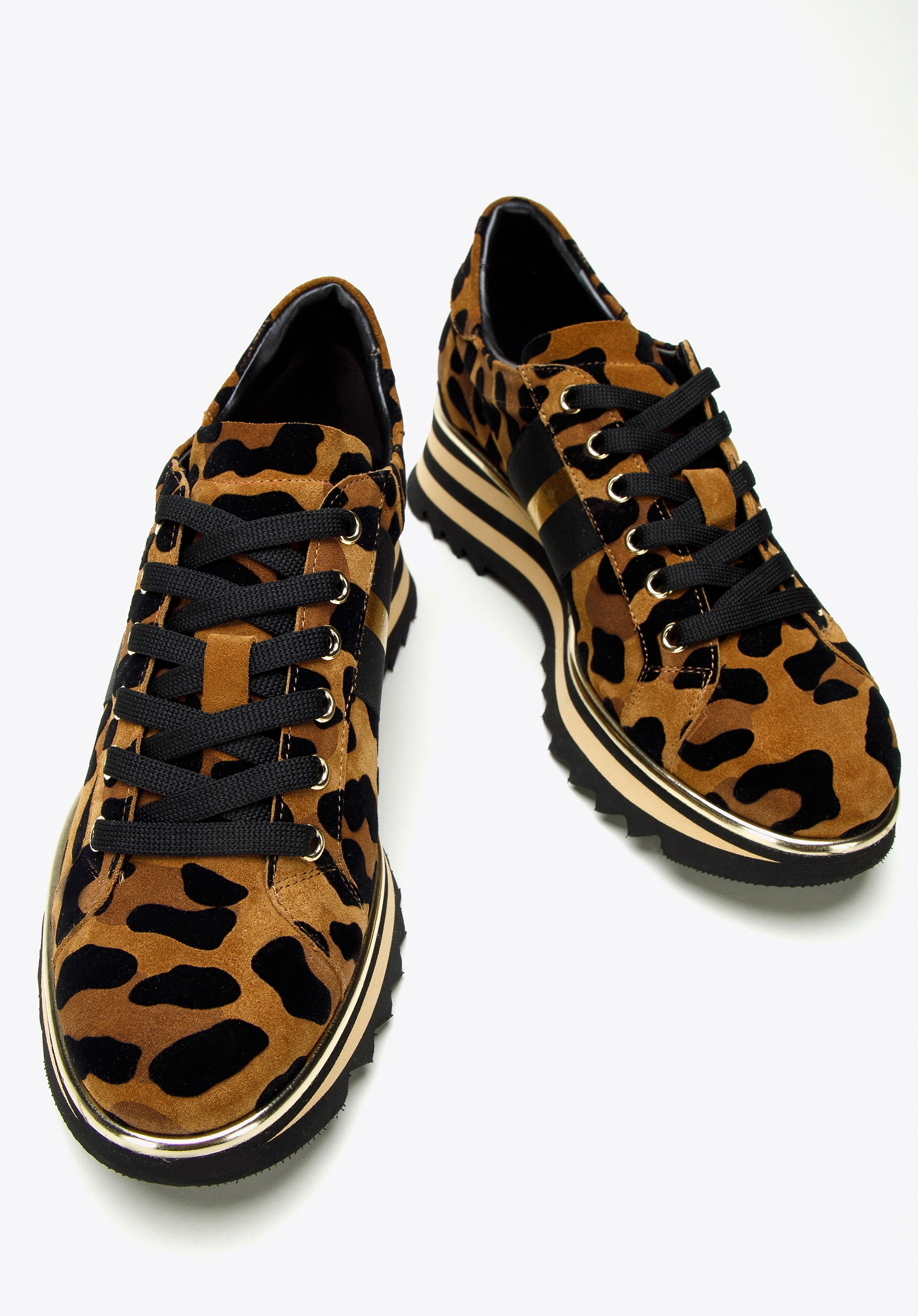 Damskie sneakersy zamszowe w zwierzęcy wzór brązowo-czarne