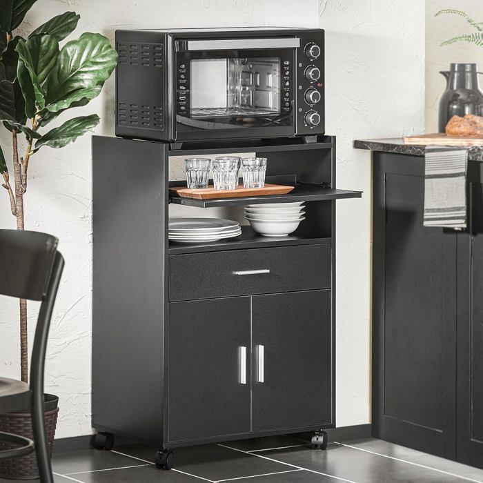 Carrito de cocina SoBuy con ruedas, encimera extensible, 1 cajón, 2 estantes y mueble para microondas, color negro, 59x40x92 cm.