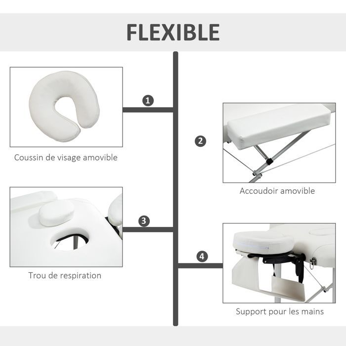Table de massage - HOMCOM - pliante cosmétique lit portable charge 225 kg réglable - aluminium - blanc