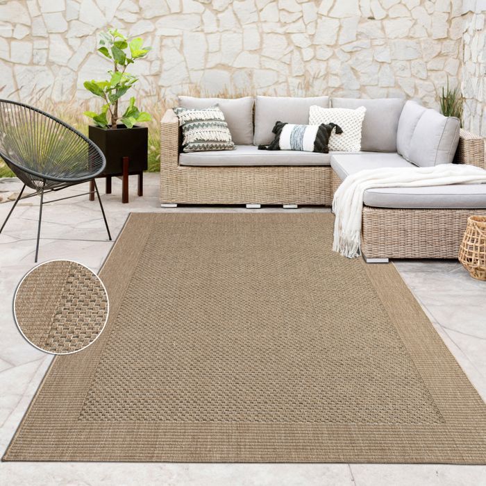 Alfombra de exterior Paco Home para patio, balcón o cocina con borde de aspecto de sisal, color beige liso, 200 x 290 cm.