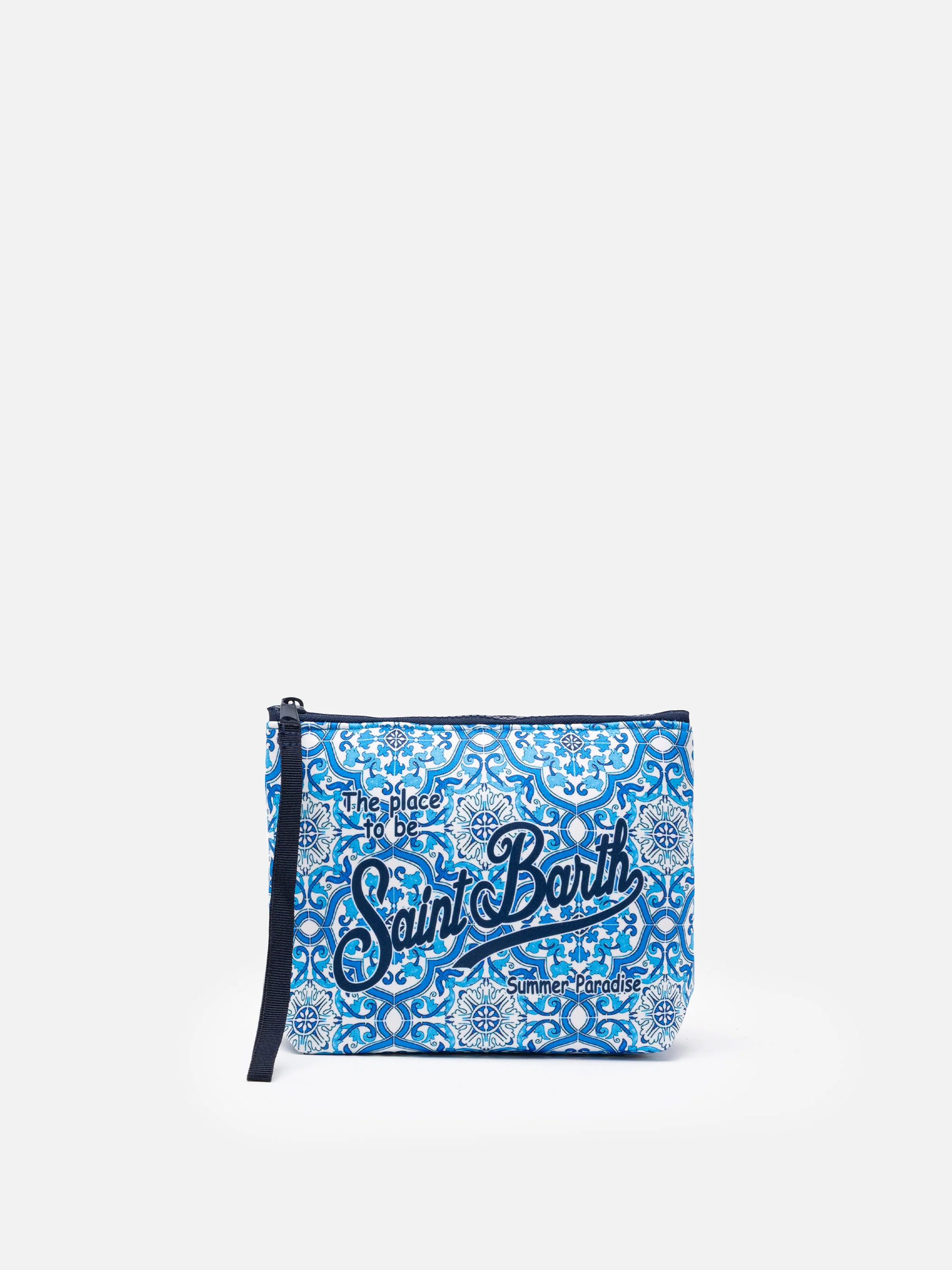 Aline clutch tas van scuba-stof met majolica-print