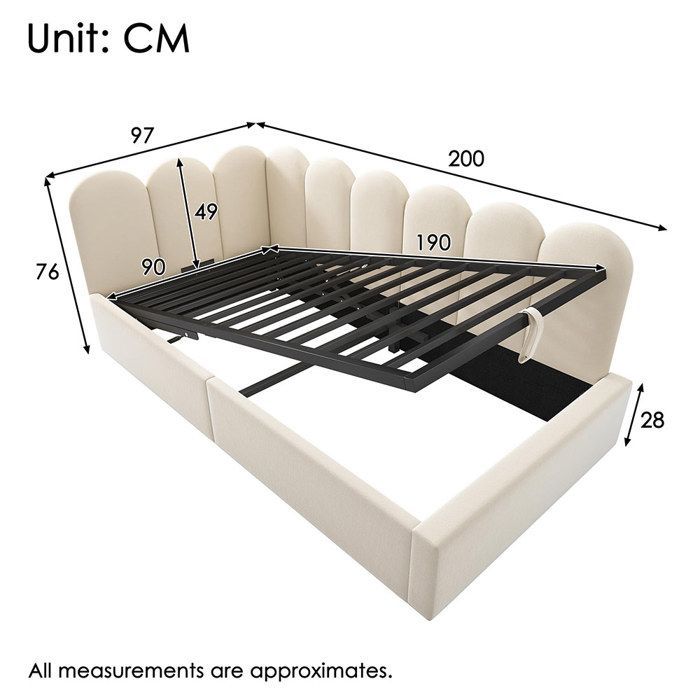 Cama infantil con almacenamiento, 90x190 cm, sofá cama hidráulico, base de láminas de terciopelo beige.