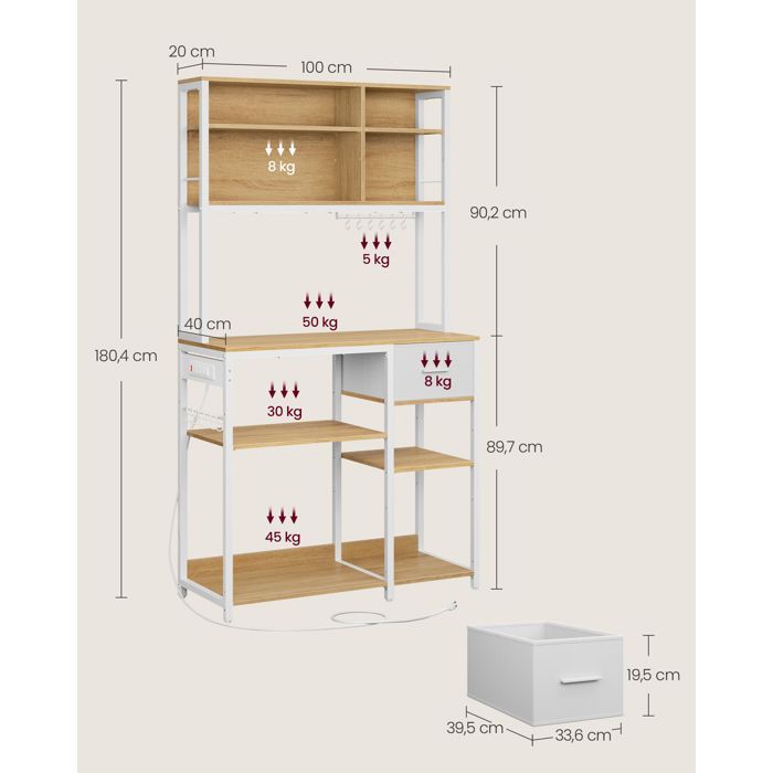 Carrello da cucina - VASAGLE - Ripiano da cucina con multipresa - Ripiani regolabili, rovere dorato e bianco nuvola