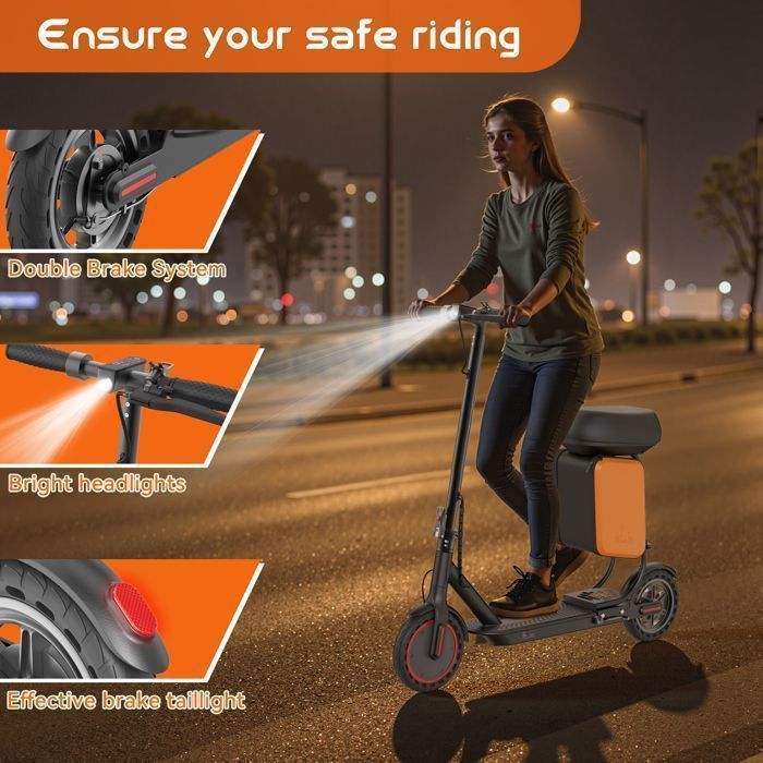 Patinete elétrico LP60 com assento e bolsa de armazenamento de 11 litros, motor de 350 W, autonomia de 25 km, velocidade máxima de 30 km/h, rodas de 8,5