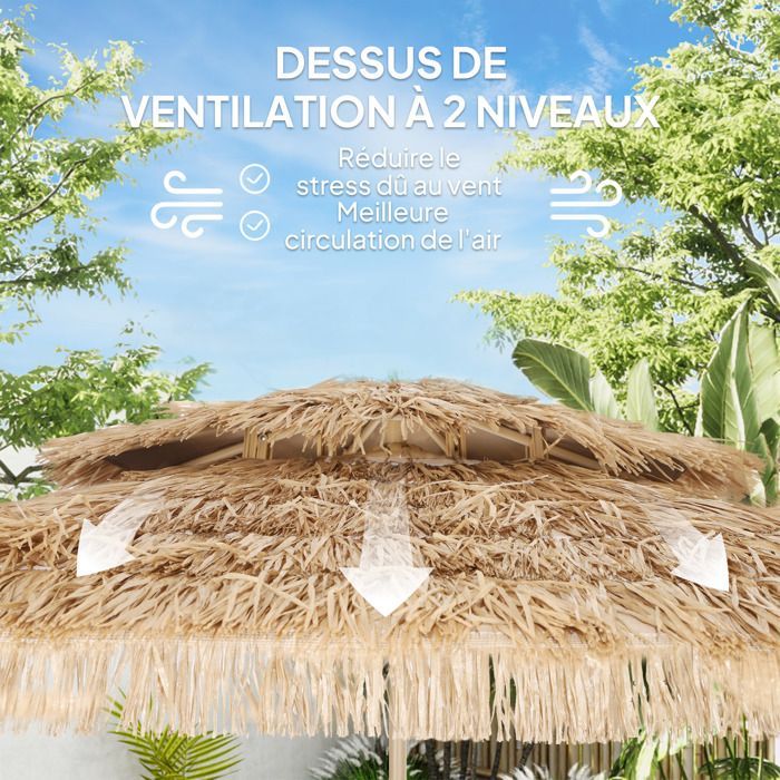 Sombrilla de jardín de paja para exteriores - Outsunny - Ø 294 cm - 8 varillas metálicas - 140 g - Protección UV con manivela - amarilla