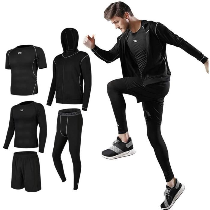Ensembles De Sport de Suduation de Fitness Vêtements Entraînement Séchage Rapide Respirant Course à Pied pour Homme 5 pcs Noir