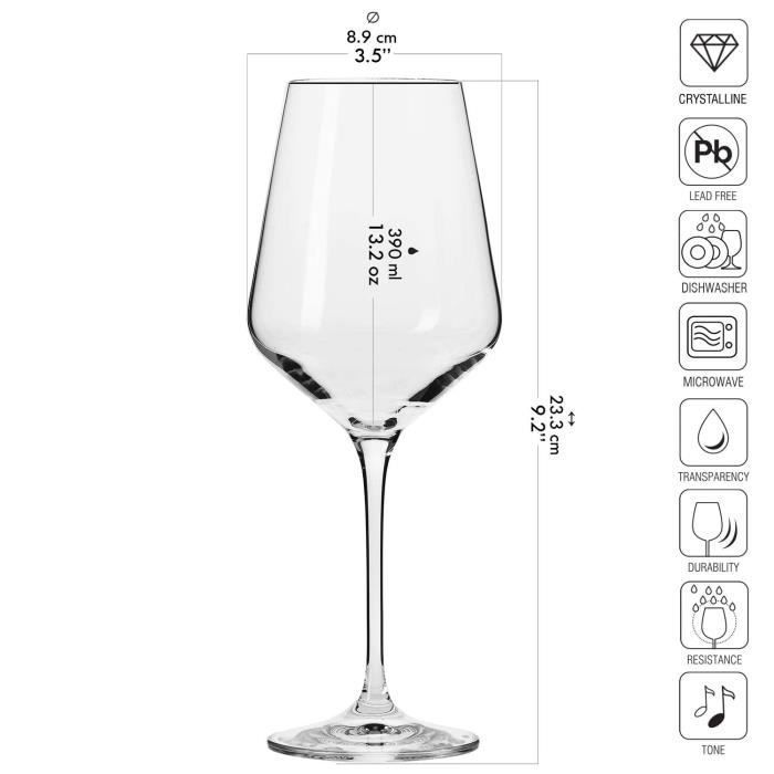 Taças de vinho branco de cristal Krosno tamanho grande - Conjunto de 6 taças - 390 ml - Coleção Avant-Garde - Podem ser lavadas na lava-louças