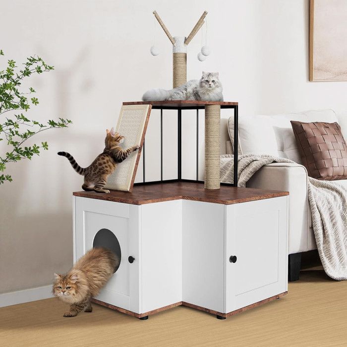 Árvore para gatos moderna com caixa de areia, torre de brincar, poste arranhador com casinha para banheiro, 124 cm