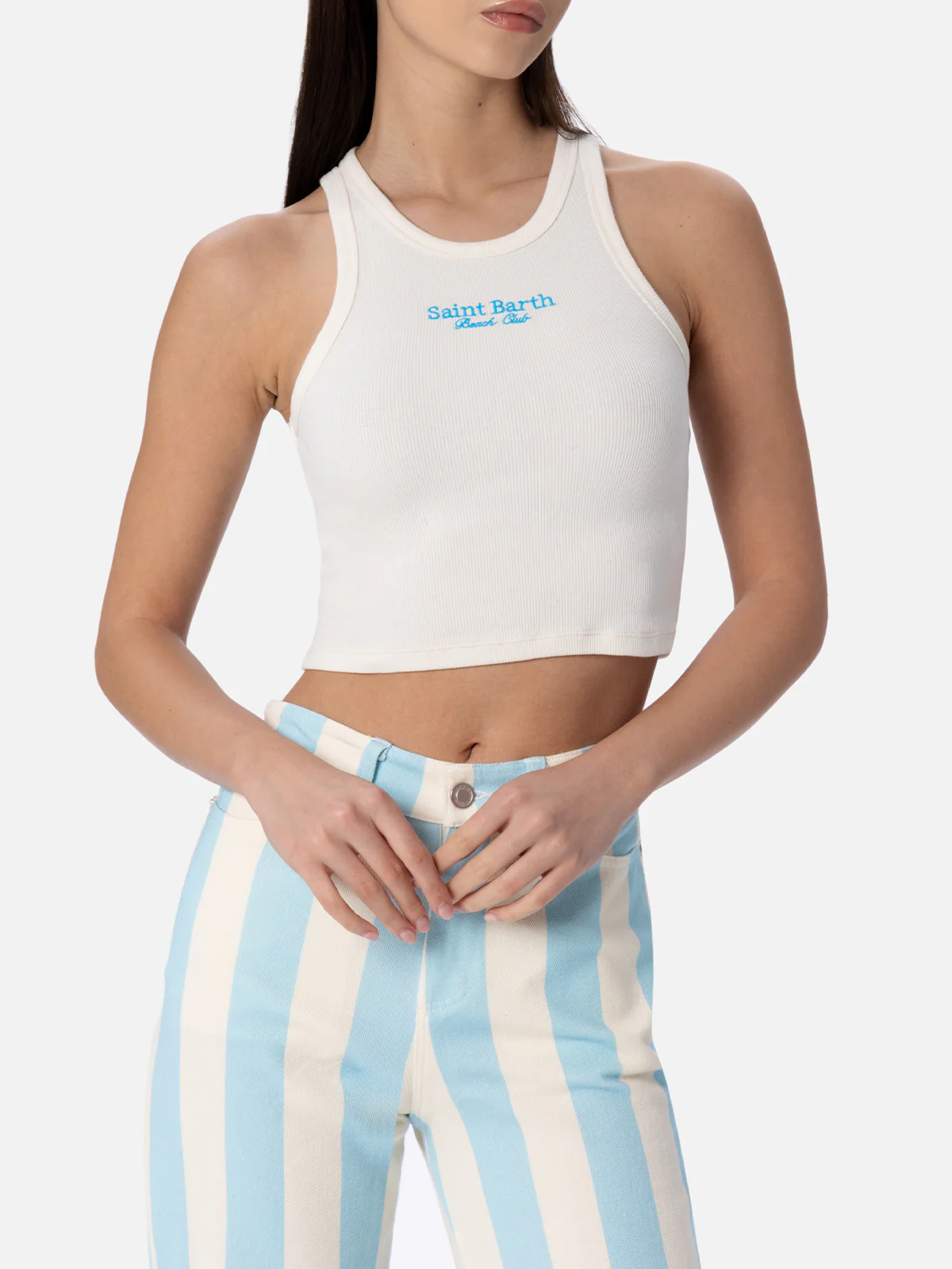 Dames tanktop van geribbeld katoen met borduursel van Saint Barth Beach