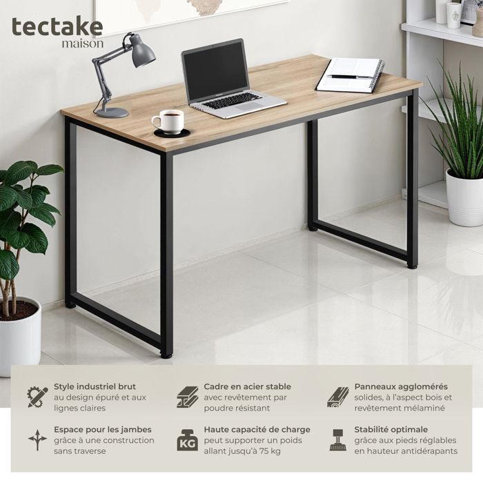 Bureau - TECTAKE - Table de bureau FLINT en bois et acier 59 x 140 x 76,5 cm - Bois clair