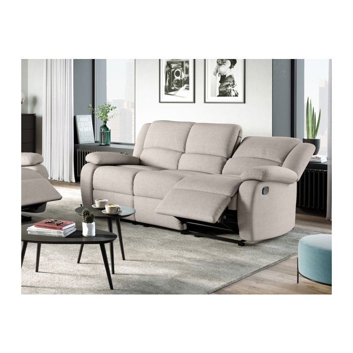 Sofá reclinable manual de 3 plazas LEO en tela - Beige - 193 x 93 x 96 cm - LOUNGITUDE