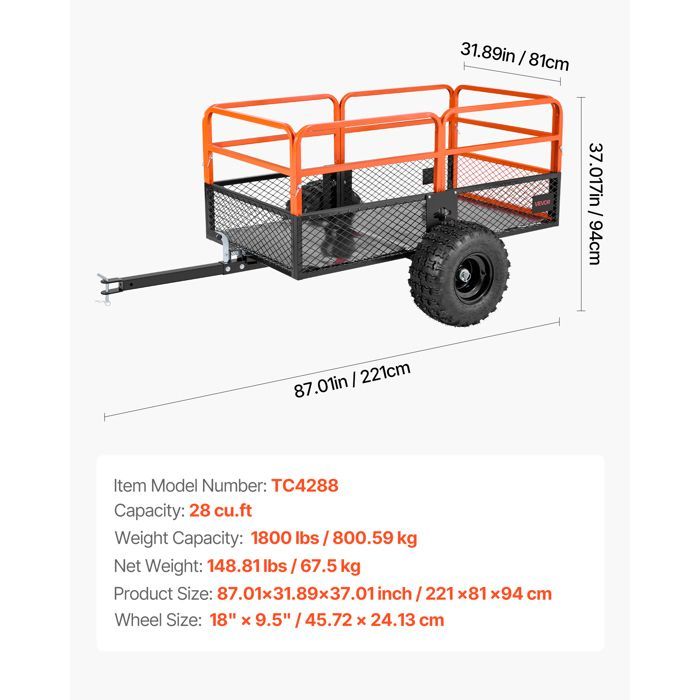 Remolque basculante VEVOR 793L - Remolque de acero para tractor cortacésped - Capacidad de carga de 800,6 kg