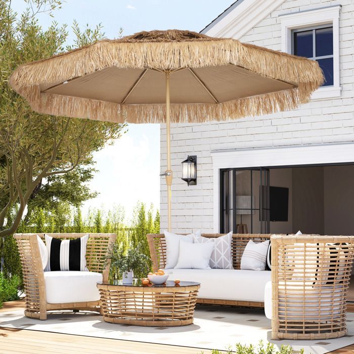 Sombrilla de jardín de paja para exteriores - Outsunny - Ø 294 cm - 8 varillas metálicas - 140 g - Protección UV con manivela - amarilla