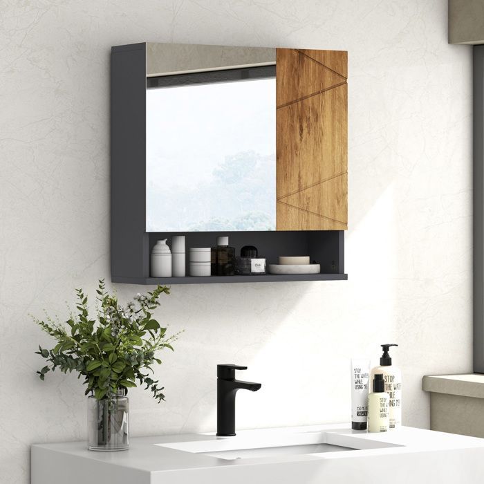 Armoire murale - kleankin - miroir salle de bain rangement 2 portes étagères réglables - bois - 55x17x55cm - naturel gris