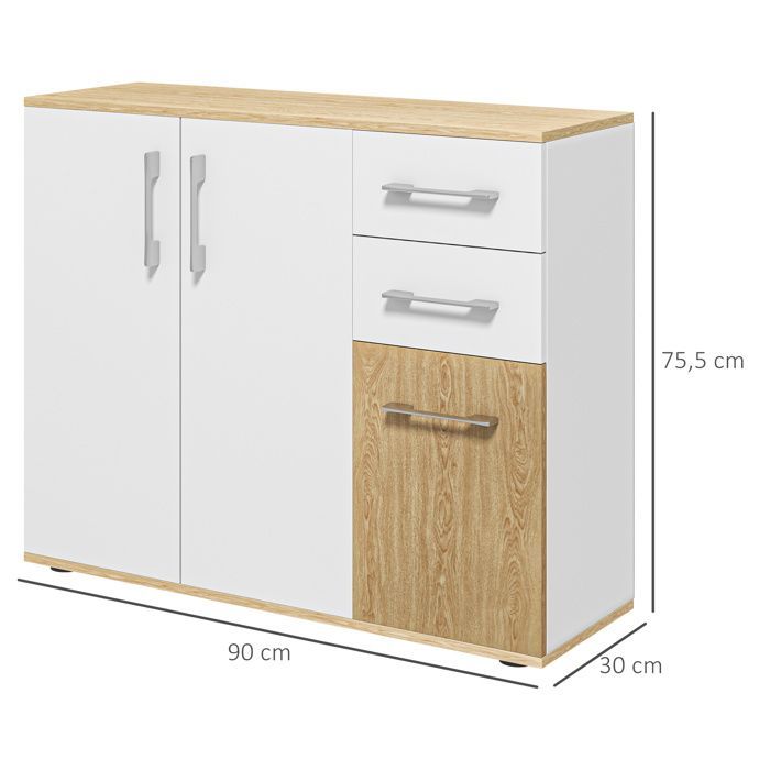 Buffet - HOMCOM - 3 portes, 2 tiroirs et étagère réglable - panneau de particules - 90 x 30 x 75,5 cm - blanc et bois naturel