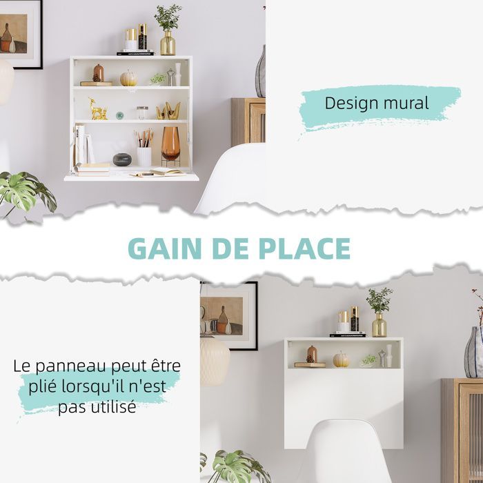 HOMCOM Wall-Mounted Desk - Folding Shelf with 3 Space-Saving Storage Compartments - Wood - 64x20x60cm - White