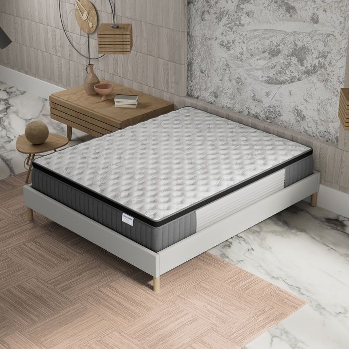 Colchón y base de cama (140x190cm) - Muelles ensacados Elekctra y espuma viscoelástica, 30cm de grosor + Base de cama de madera estable, Tela blanca