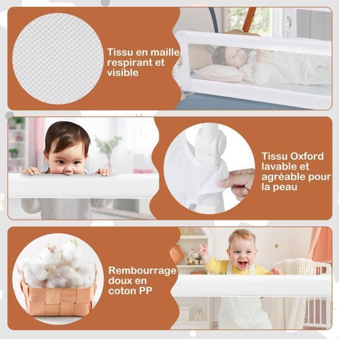 COSTWAY Barrière de Lit Pliable Bébé/Enfant 120x42CM avec Barre Rabattable Mousse Souple, Trous Pré-percés en Tissu Oxford Blanc