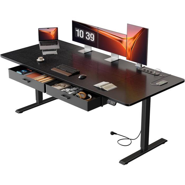 HLONONE Bureau Électrique Debout et Assis, 180 x 80 cm, avec Prise de Courant Intégrée, 2 Tiroirs Amovibles, Port USB-C, Noir