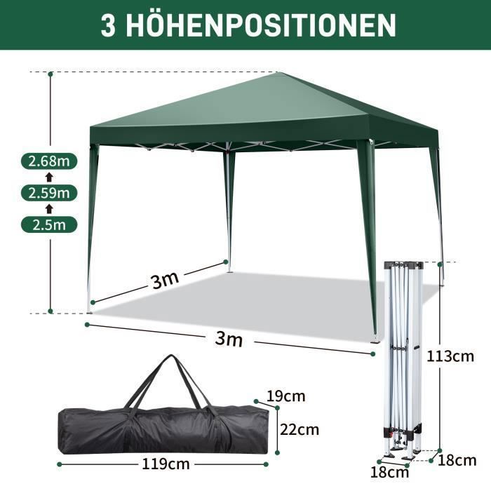 Gazebo pieghevole 3x3 m, gazebo da giardino impermeabile con 4 lati, per feste/campeggio, verde