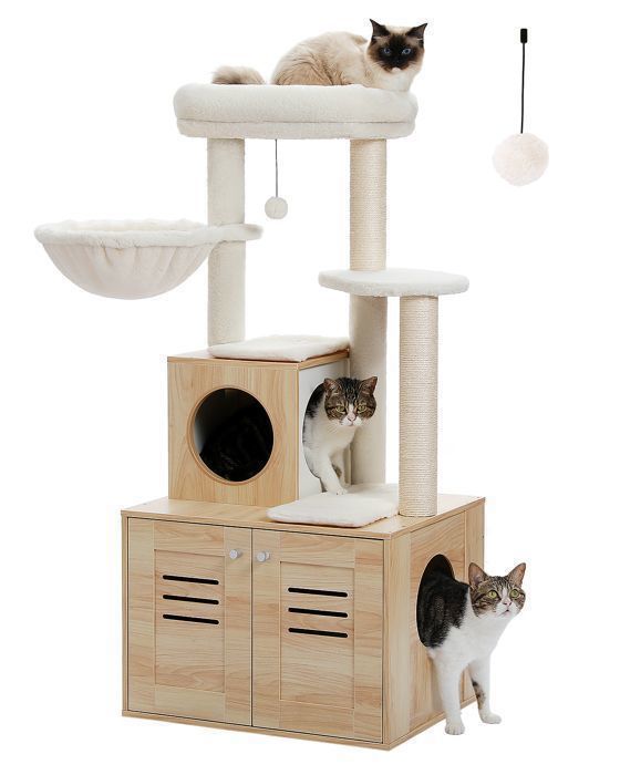 Árvore para gatos PAWZ Road Stable em madeira maciça, plataforma grande, casinha profunda, almofada removível, rede suspensa grande, 127 cm, bege