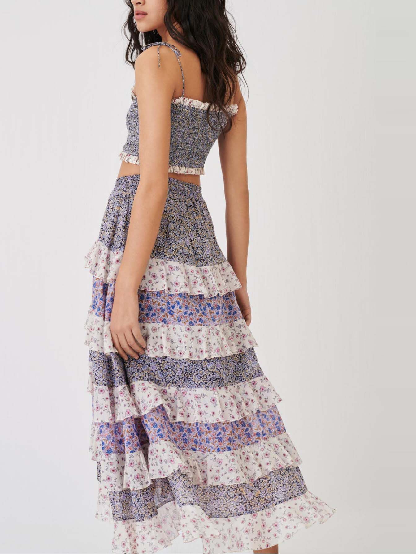 Lange rok met print en ruches - Blauw