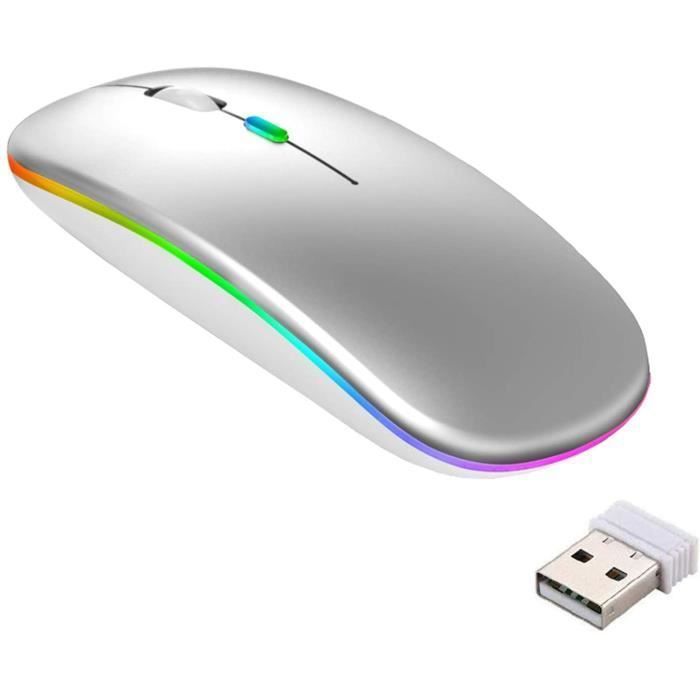 Ratón inalámbrico recargable - Bluetooth - Plateado - 3 niveles de DPI - Silencioso - Luces de colores