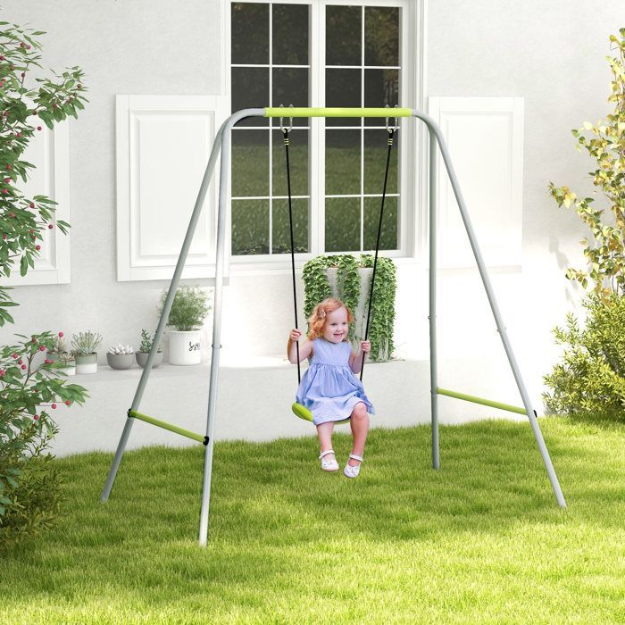 Outsunny 2-in-1 Children's Swing Set - 5-Point Indoor/Outdoor, Foldable - Metal - Green