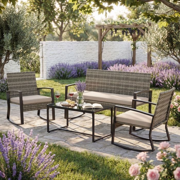 Salon de Jardin - Bealife - 4 Personnes - Coussin Déhoussable - Cadre Métal - Résine Tressée Gris Kaki - 1 Table Verre Trempé