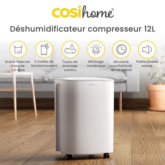 Cosi Home 12L/day Dehumidifier with Humidity Sensor, 24-Hour Timer, Continuous Drainage and Sleep Mode