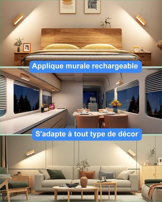 Set of 2 Bedside Lamps - Wireless Wall Lights - Rechargeable, LED, Wood - Wireless Wall Lamp, Wireless LED Wall Lamp