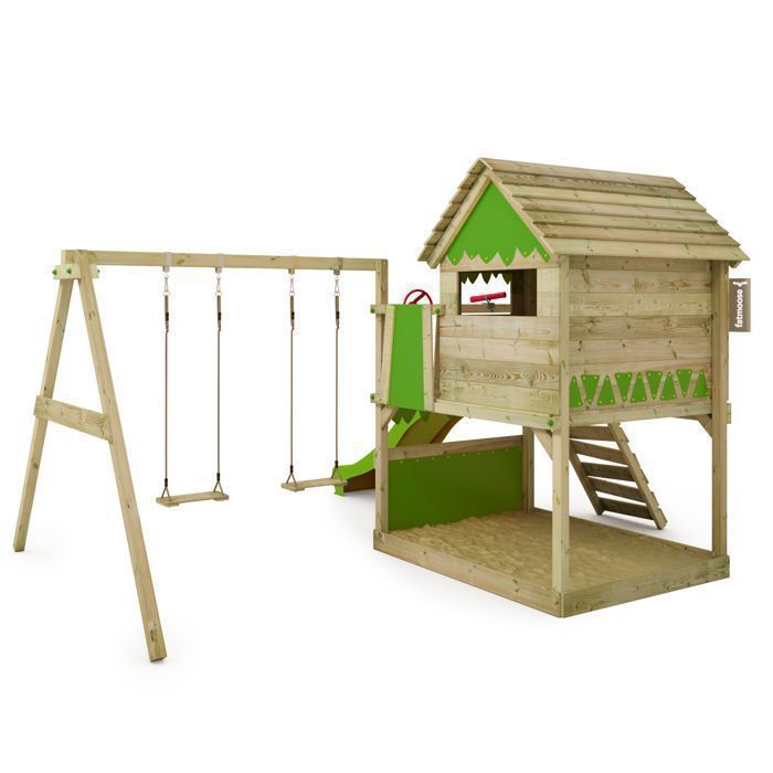 Tour de jeux bois FATMOOSE TikaTaka Town XXL avec toboggan 220 cm ert pomme et bac à sable intégré – 10 ans de garantie*