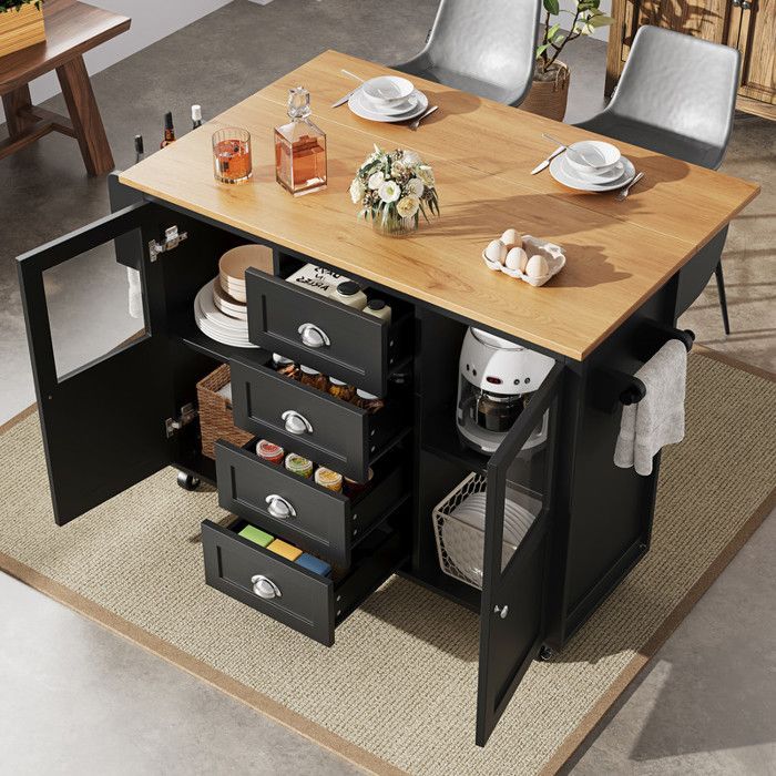 Ilha de cozinha - Extensível - MDF e metal - Móvel com rodízios - 4 gavetas e 2 portas