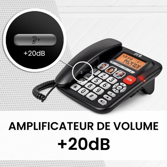 Teléfono fijo adaptado para personas mayores - SVATV - Botones grandes - Timbre de 97 dB - Pantalla retroiluminada - Amplificador de +20 dB - Botón SOS