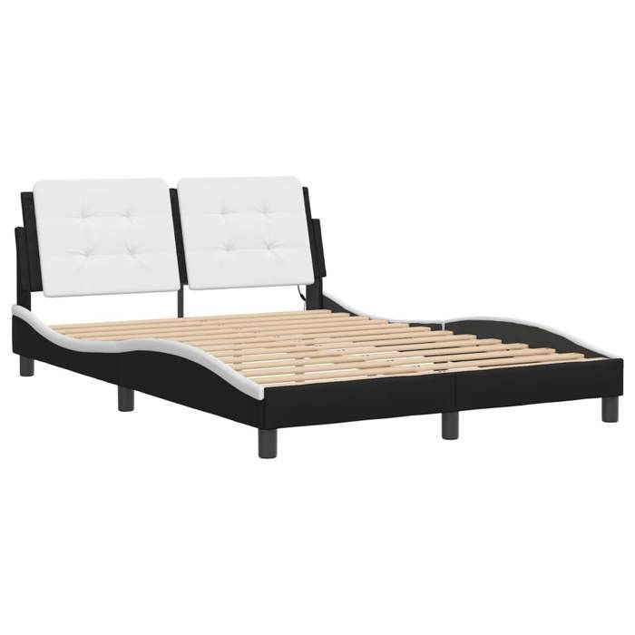 Estructura de cama vidaXL con luces LED, blanco y negro, 140x190 cm, piel sintética, cama, base de láminas, cama de piel sintética, muebles de dormitorio