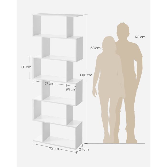 Libreria a 6 ripiani, 24 x 70 x 191,6 cm, mobile contenitore, divisorio per ambienti, moderno, bianco nuvola.