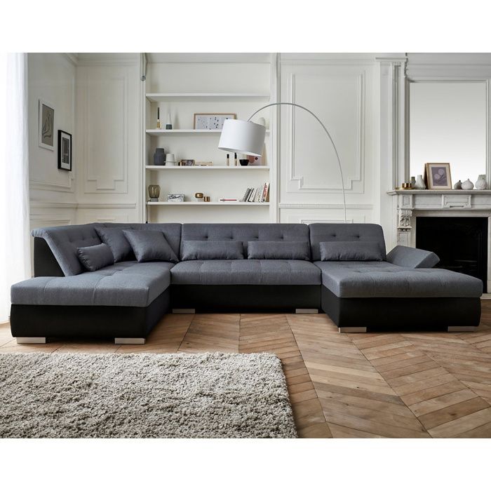 Vermont - Sofá panorámico de esquina izquierda - 7 plazas - XXL - Negro/Gris