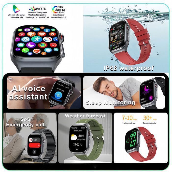 Smartwatch masculino com ECG, monitoramento de frequência cardíaca e índice de massa corporal (IMC), tela AMOLED de 2,04