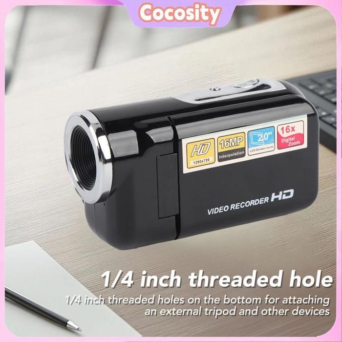 Videocamera digitale Cocosity da 5 cm con schermo a colori - Full HD 1080P, 16 MP, zoom 16x, stabilizzazione dell'immagine - Ideale per i viaggi - Nera