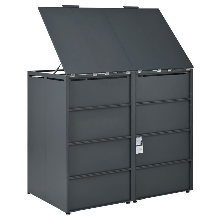 Cobertizo para contenedores HOMVRA, tapa de 2 compartimentos con tapa hidráulica y 2 puertas ventiladas, acero, gris y madera.