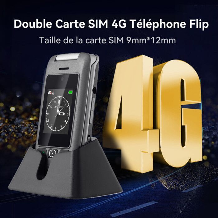 Artfone G6 Téléphone Portable Flip 4G pour Personnes Âgées, Grandes touches, Bouton SOS, 1000mAh, Double Écran, Avec Base de Charge