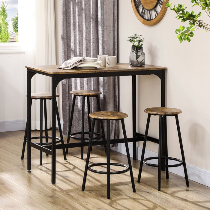 HOMCOM - Ensemble table haute et 4 tabourets - Métal - 110x50x89,5cm - Marron