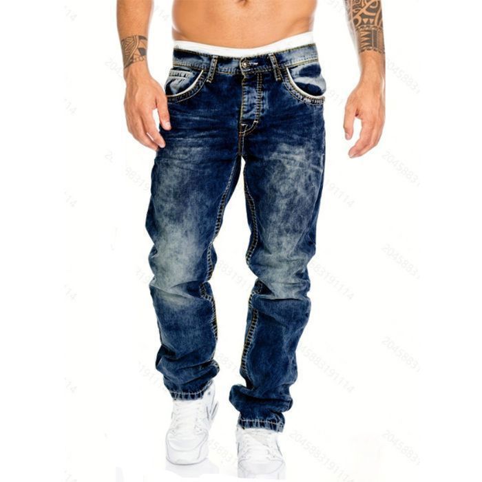 Men's Stretch Denim Jeans - Comfortable and Durable - Urban Hip Hop Fashion - Dark Blue - Straight Fit for Everyday Wear - Sizes S-3XL