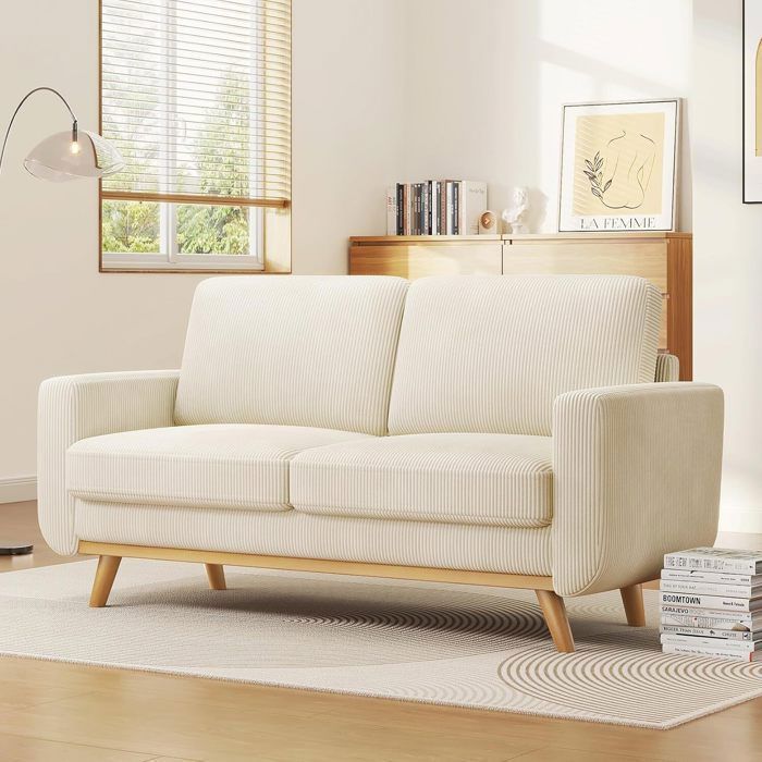 Grand Canapé 2 Places en Velours Côtelé Beige,Canapé Scandinave pour Salon Chambre Bureau，Pieds Bois Massif，172x76x88cm
