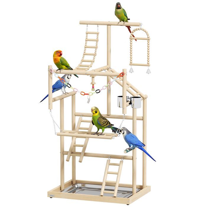 Aire de jeux pour oiseaux - PawHut - avec échelles, jouet à chaîne, plateau, mangeoire, balançoire - 48 x 38 x 95 cm - bois naturel