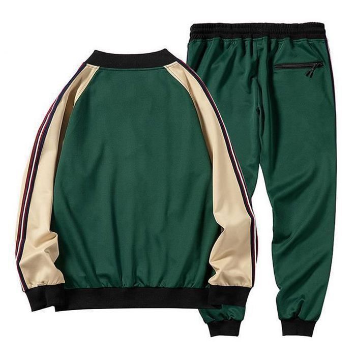 Lässiger Herren-Sport-Trainingsanzug: Pullover mit Reißverschluss und langärmlige karierte Jogginghose mit Taschen – Grün