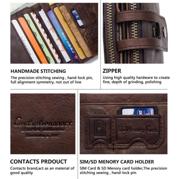 Cartera vintage de cuero genuino para hombre, tarjetero antirrobo - Café