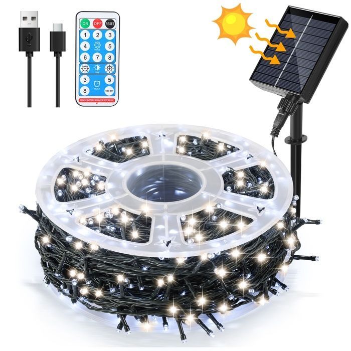 Cecaylie Solar LED-lichtslinger met 1000 LED's, 100 meter, voor buiten, tuin, kerstverlichting, koel wit.