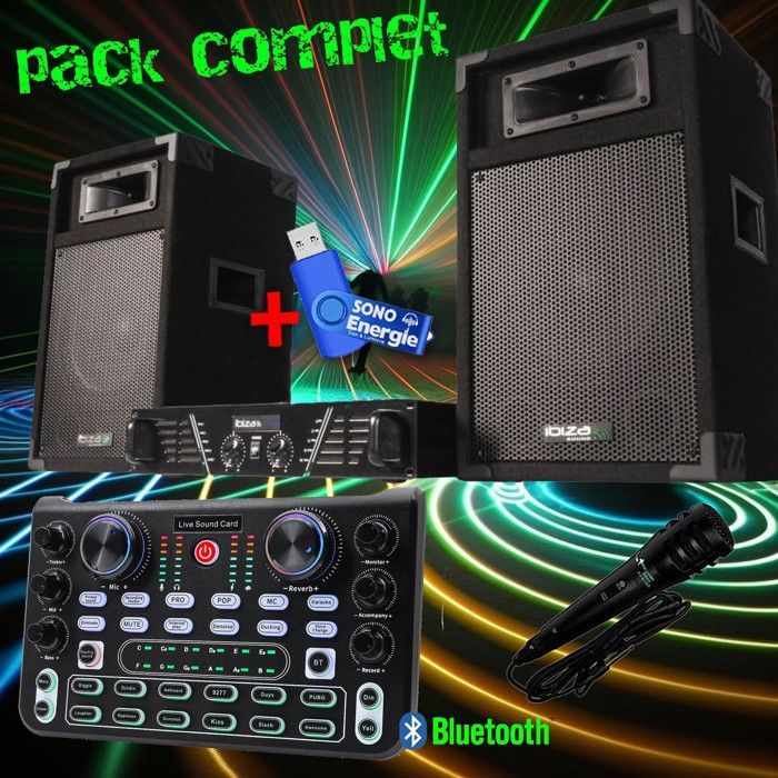 Pack sono complet ibiza  DJ300  480W + table de mixage bluetooth MULTI  EFFETS  + 2  HP + micro+ clé USB 32gigas