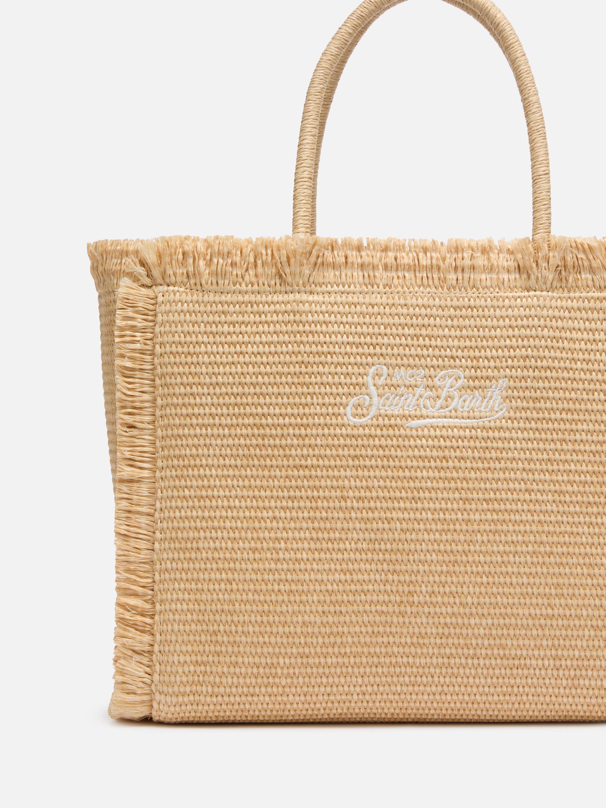 Vanity beige schoudertas met stro-effect